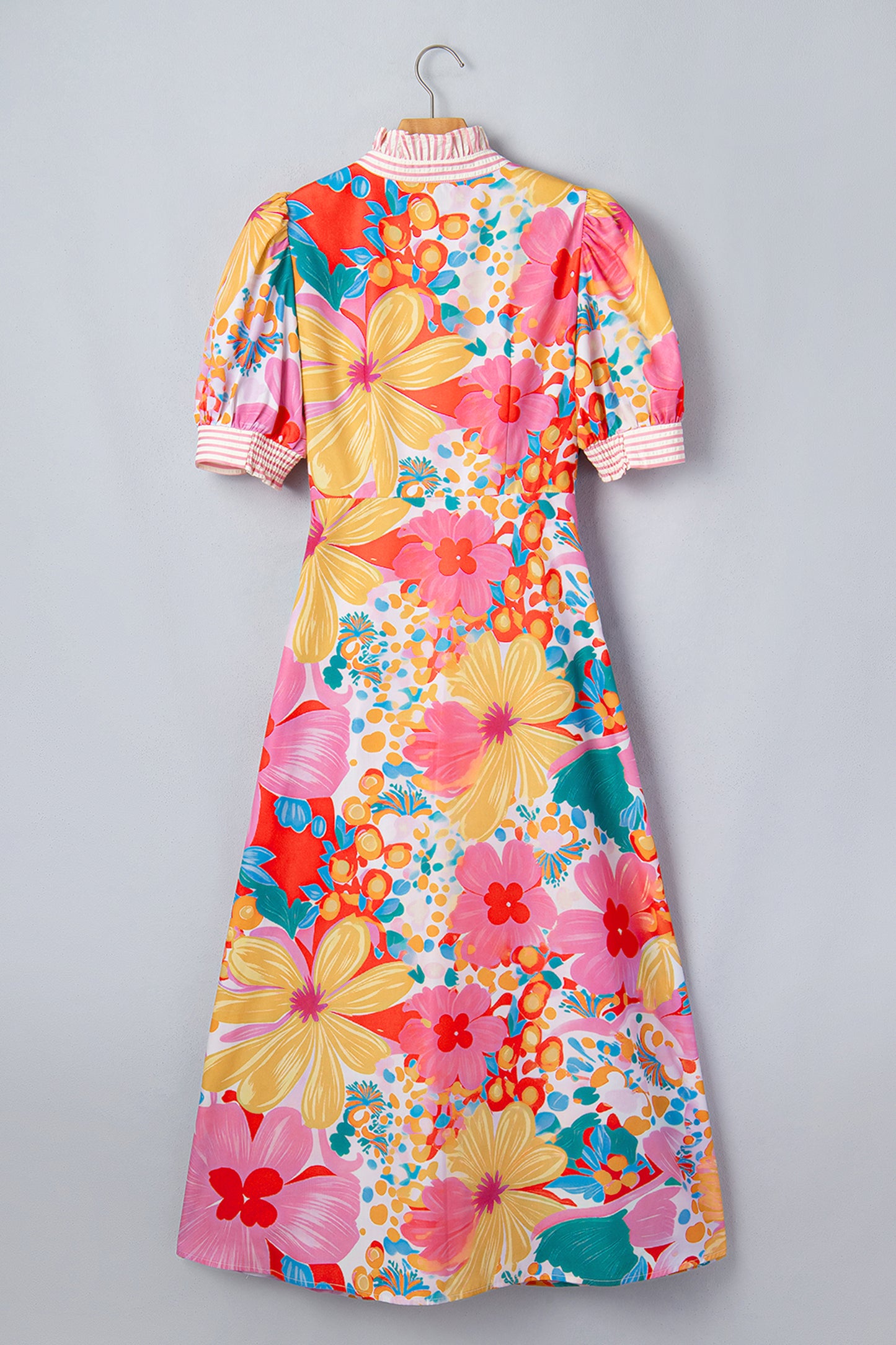 Pink Floral Print Striped Trim Button Down Short Sleeve Vacation Dress-TOPS / DRESSES-[Adult]-[Female]-2022 Online Blue Zone Planet