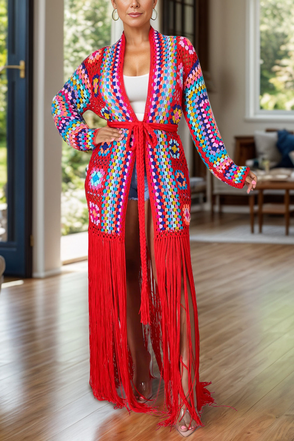 Fringe Tied Long Sleeve Cardigan-TOPS / DRESSES-[Adult]-[Female]-Deep Red-M-2022 Online Blue Zone Planet