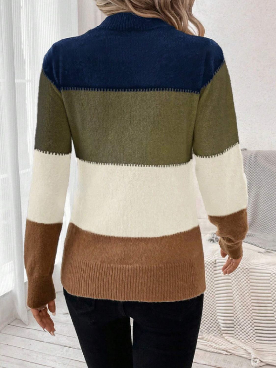 Blue Zone Planet | Color Block Mock Neck Long Sleeve Sweater-TOPS / DRESSES-[Adult]-[Female]-2022 Online Blue Zone Planet