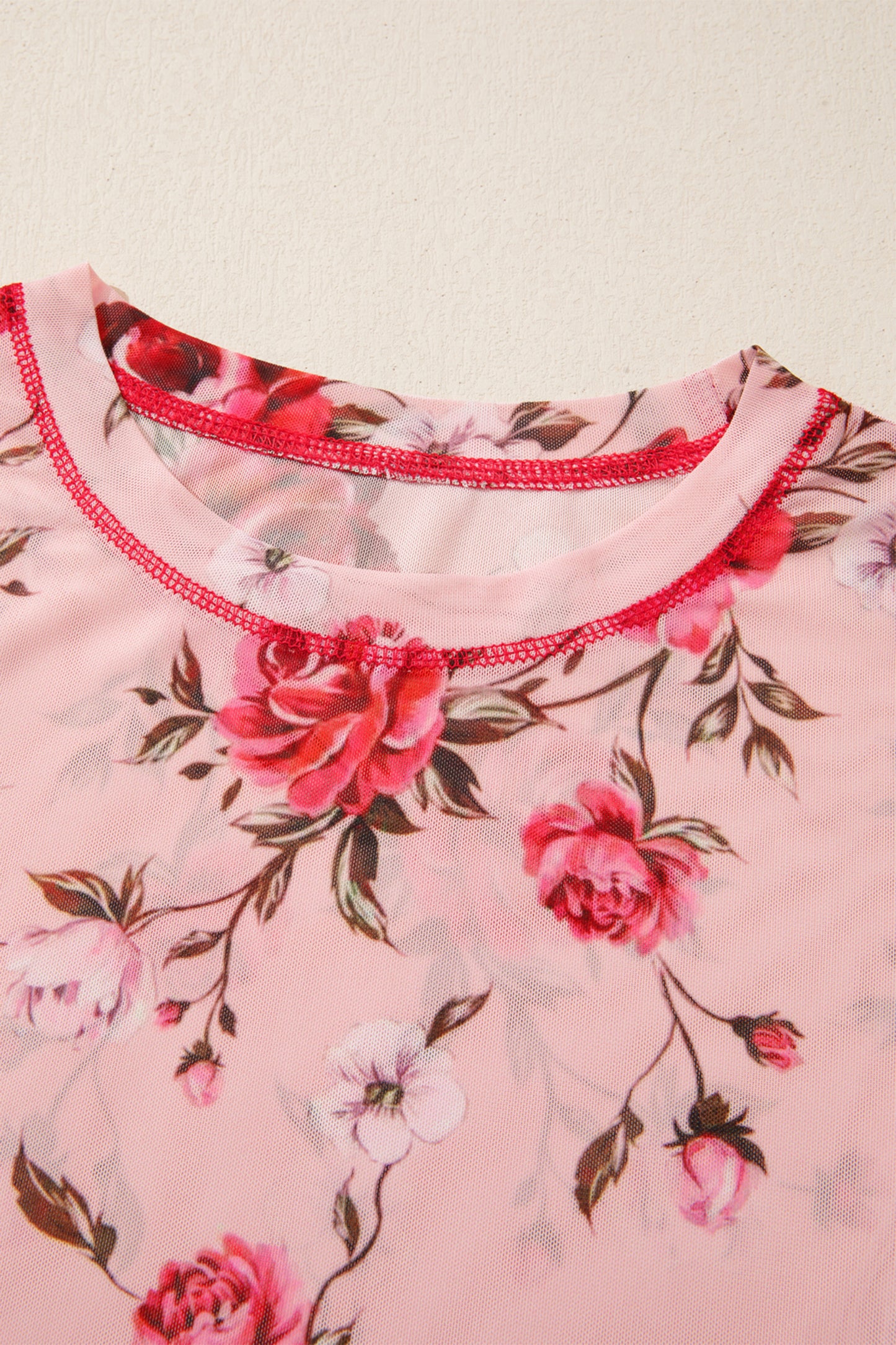 Pink Floral Print Exposed Seam Detail Mesh Long Sleeve Top-Tops/Long Sleeve Tops-[Adult]-[Female]-2022 Online Blue Zone Planet