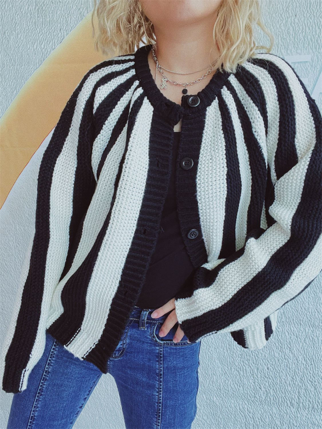 Contrast Stripes Button Down Long Sleeve Cardigan-TOPS / DRESSES-[Adult]-[Female]-2022 Online Blue Zone Planet