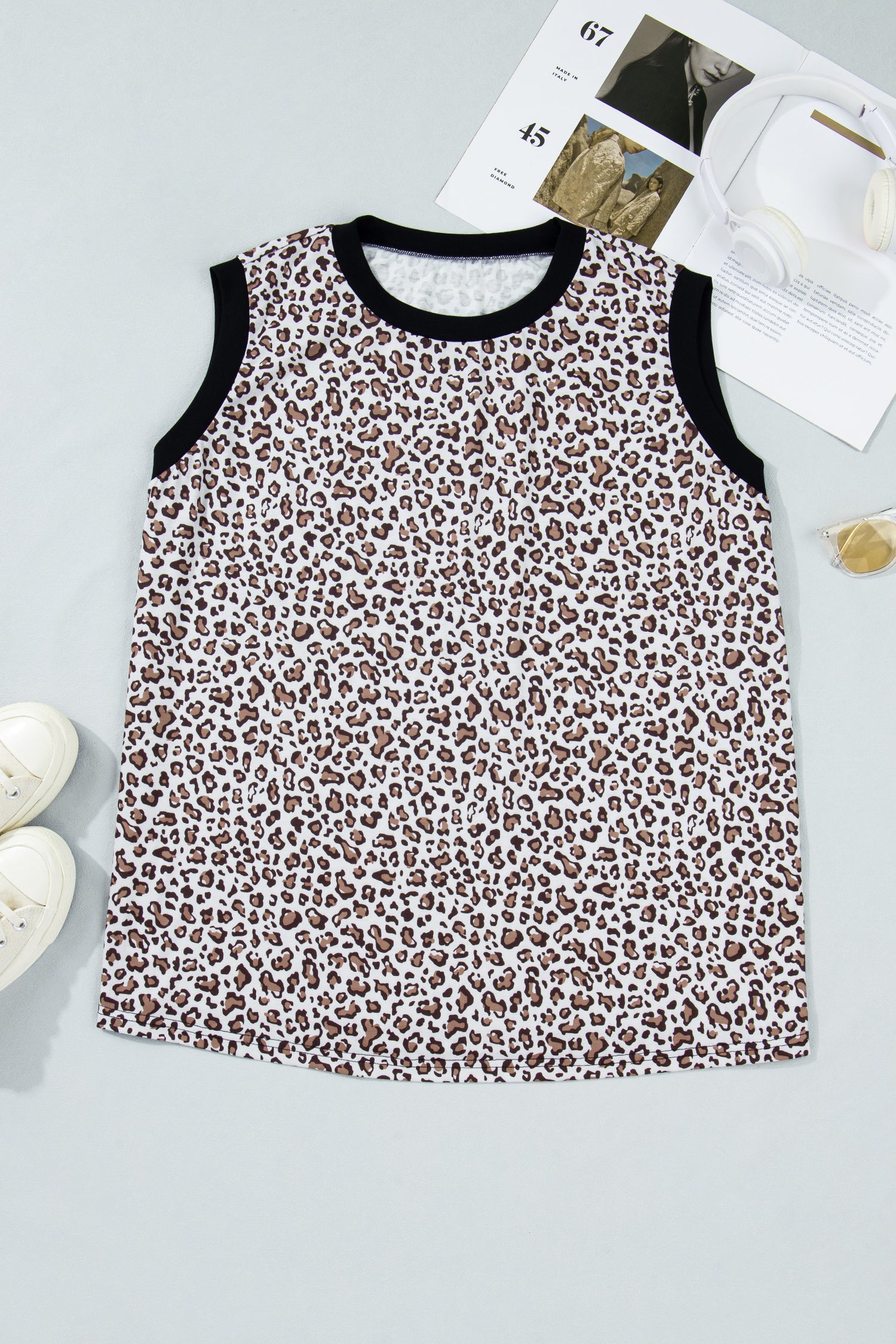 Khaki Contrast Trim Plus Size Leopard Vest-Plus Size/Plus Size Tops/Plus Size Tank Tops-[Adult]-[Female]-2022 Online Blue Zone Planet
