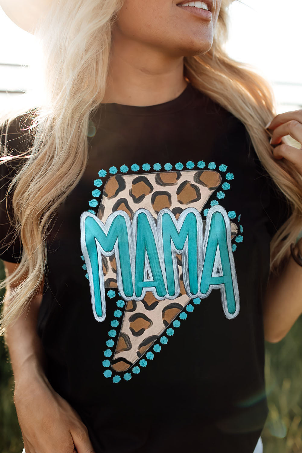 Black Western MAMA Leopard Lightning Graphic Tee-Graphic/Graphic Tees-[Adult]-[Female]-2022 Online Blue Zone Planet