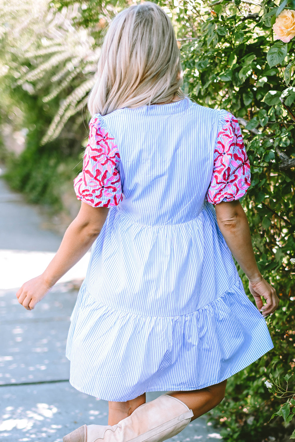 Blue Zone Planet | Sky Blue Stripe Contrast Floral Puff Sleeve Tiered Ruffle Dress-TOPS / DRESSES-[Adult]-[Female]-2022 Online Blue Zone Planet