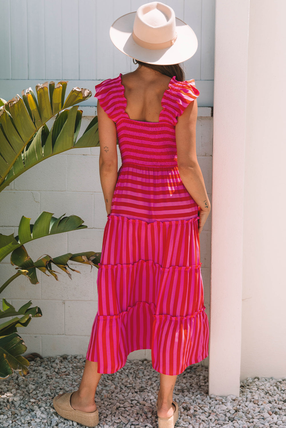 Rose Stripe Flutter Sleeve Smocked Bodice Tiered Maxi Dress-TOPS / DRESSES-[Adult]-[Female]-2022 Online Blue Zone Planet