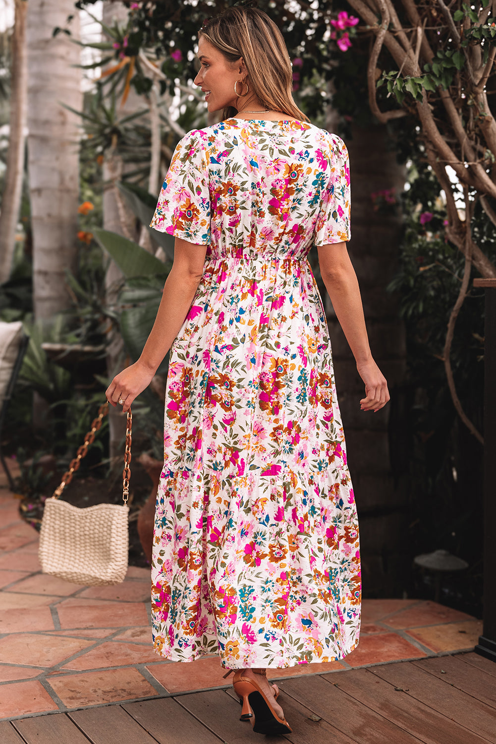 Red Floral Short Sleeve V Neck High Waist Maxi Dress-TOPS / DRESSES-[Adult]-[Female]-2022 Online Blue Zone Planet