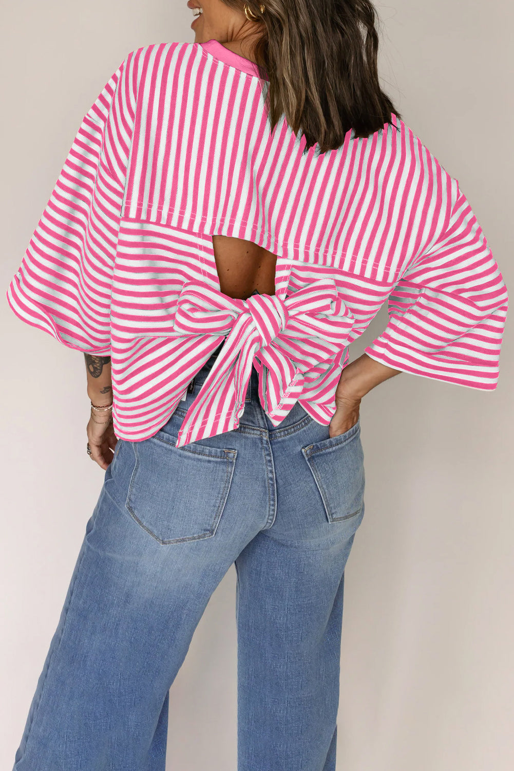 Pink Stripe Bowknot Cutout Back Drop Shoulder Wide Bracelet Sleeve Loose Tee-Tops/Tops & Tees-[Adult]-[Female]-Pink Stripe-S-2022 Online Blue Zone Planet