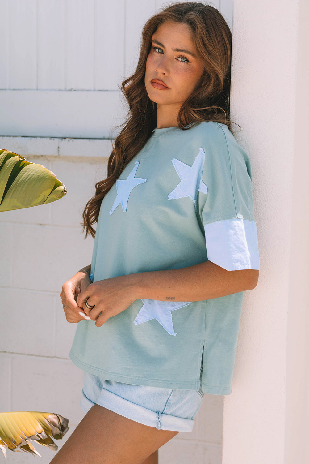 Smoke Green Frayed Denim Star Patched Oversize T Shirt-Tops/Tops & Tees-[Adult]-[Female]-2022 Online Blue Zone Planet