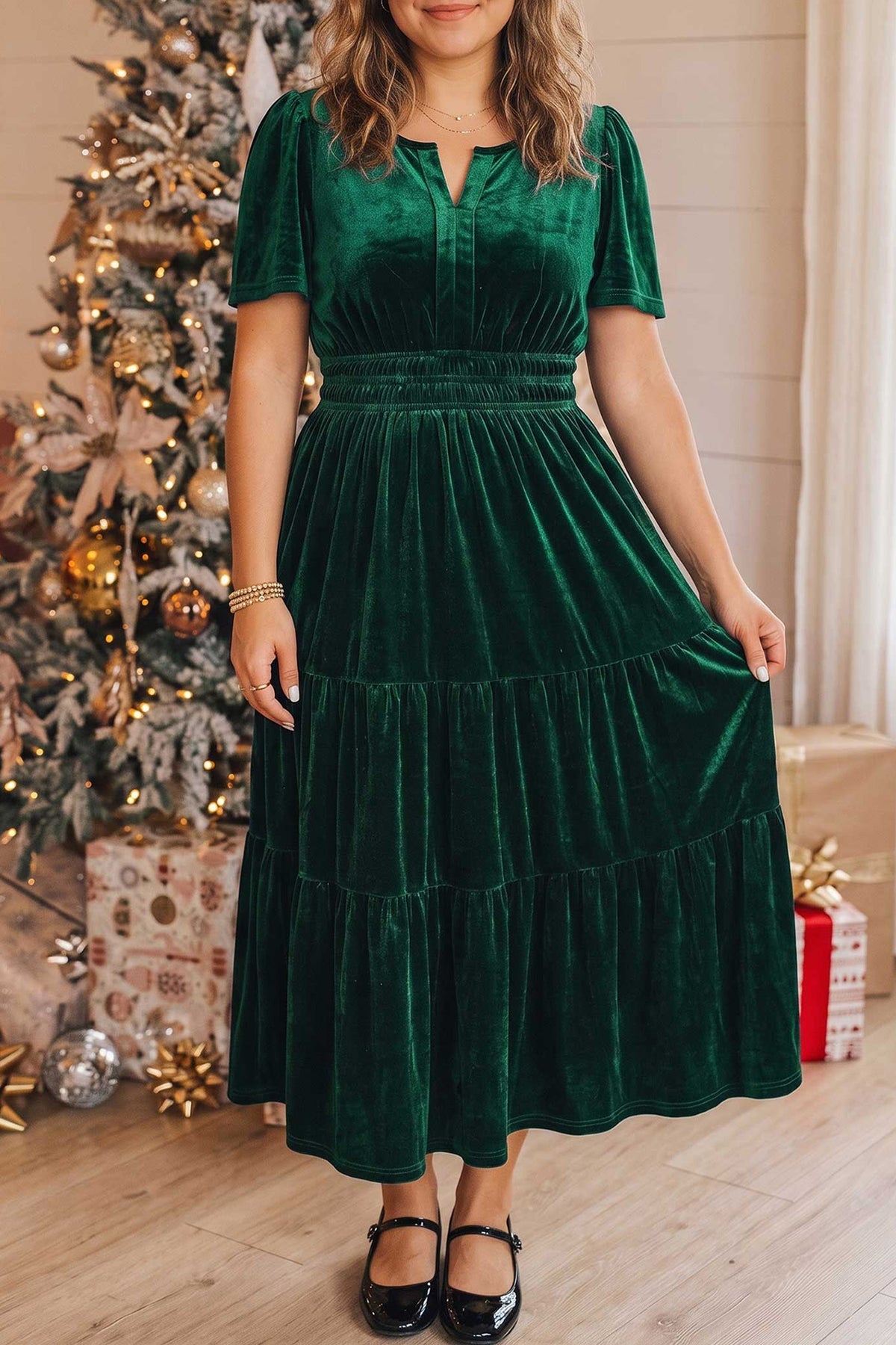 Blackish Green Velvet Short Sleeve Shirred Waist Tiered Plus Size Maxi Dress