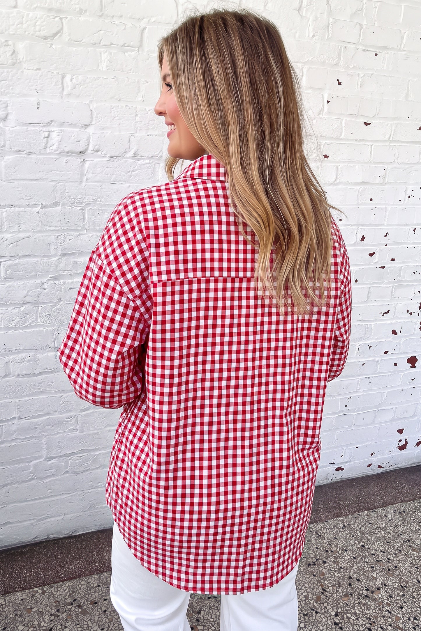 Red Plaid V Neck Long Sleeve Tunic Loose Fit Plus Size Shirt-Plus Size/Plus Size Tops/Plus Size Blouses & Shirts-[Adult]-[Female]-2022 Online Blue Zone Planet