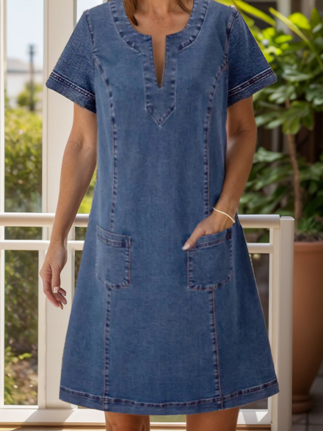 Full Size Notched Short Sleeve Denim Dress-TOPS / DRESSES-[Adult]-[Female]-Dusty Blue-S-2022 Online Blue Zone Planet