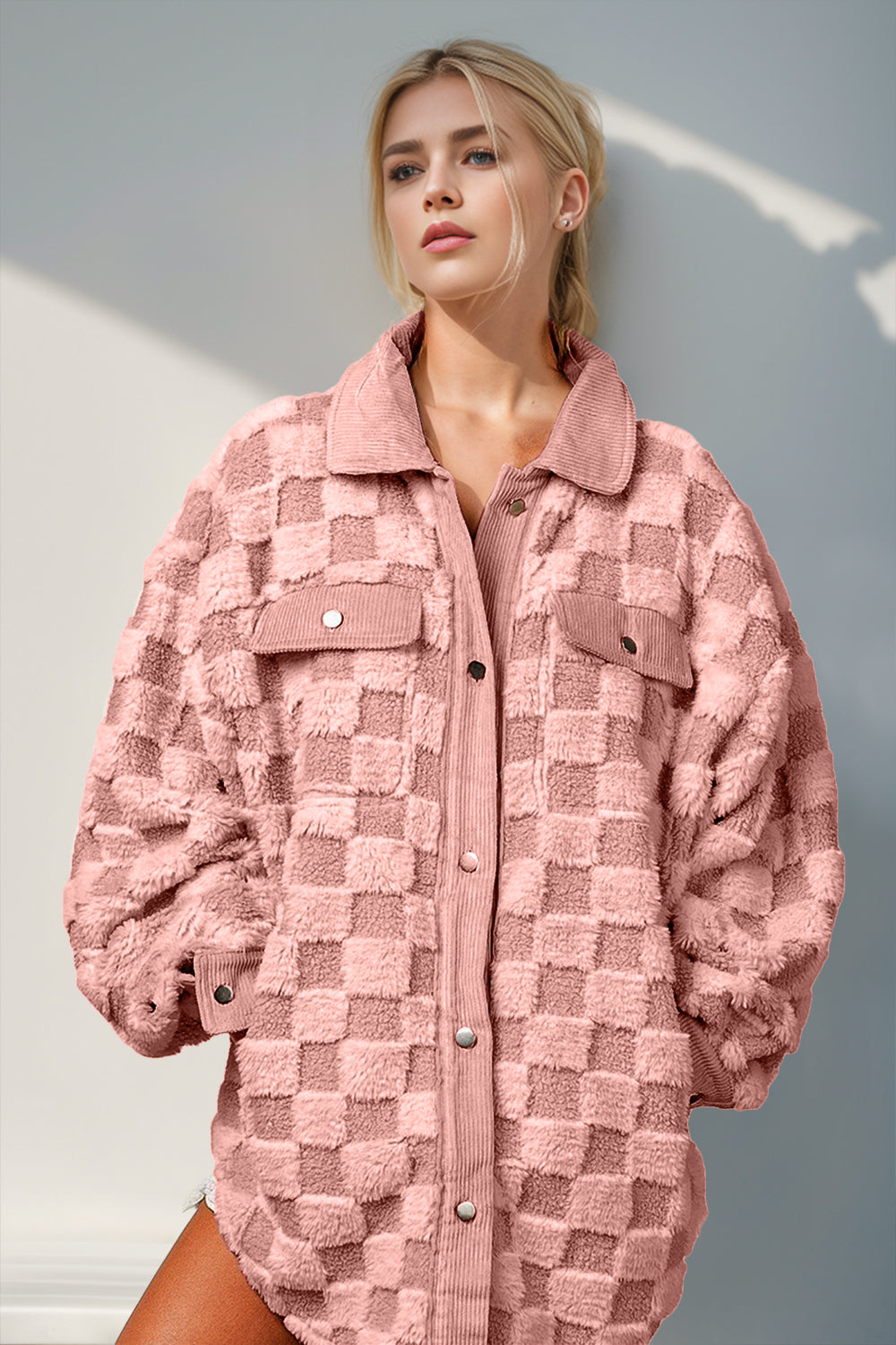 Blue Zone Planet | Double Take Button Up Fuzzy Checkered Shacket-TOPS / DRESSES-[Adult]-[Female]-Dusty Pink-S-2022 Online Blue Zone Planet