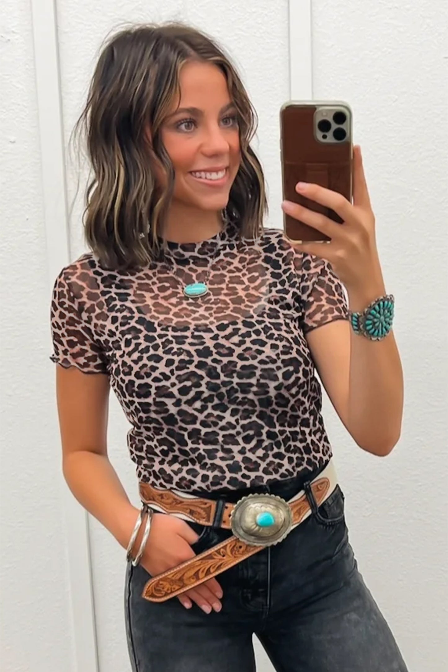 Khaki Leopard Print Sheer Mesh Short Sleeve Top-Tops/Tops & Tees-[Adult]-[Female]-2022 Online Blue Zone Planet
