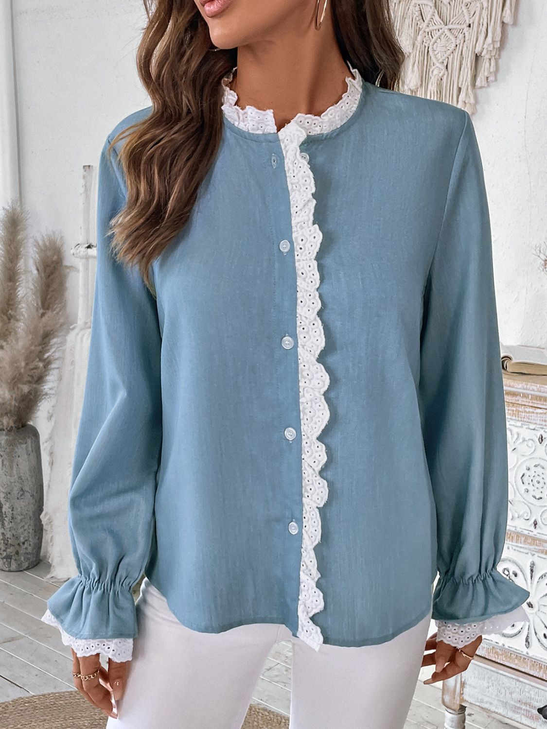 Perfee Lace Detail Button Down Long Sleeve Shirt-TOPS / DRESSES-[Adult]-[Female]-2022 Online Blue Zone Planet