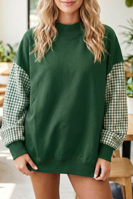 Evergreen Plaid Sleeve Colorblock Loose Tunic Sweatshirt-Tops/Sweatshirts & Hoodies-[Adult]-[Female]-Evergreen-S-2022 Online Blue Zone Planet