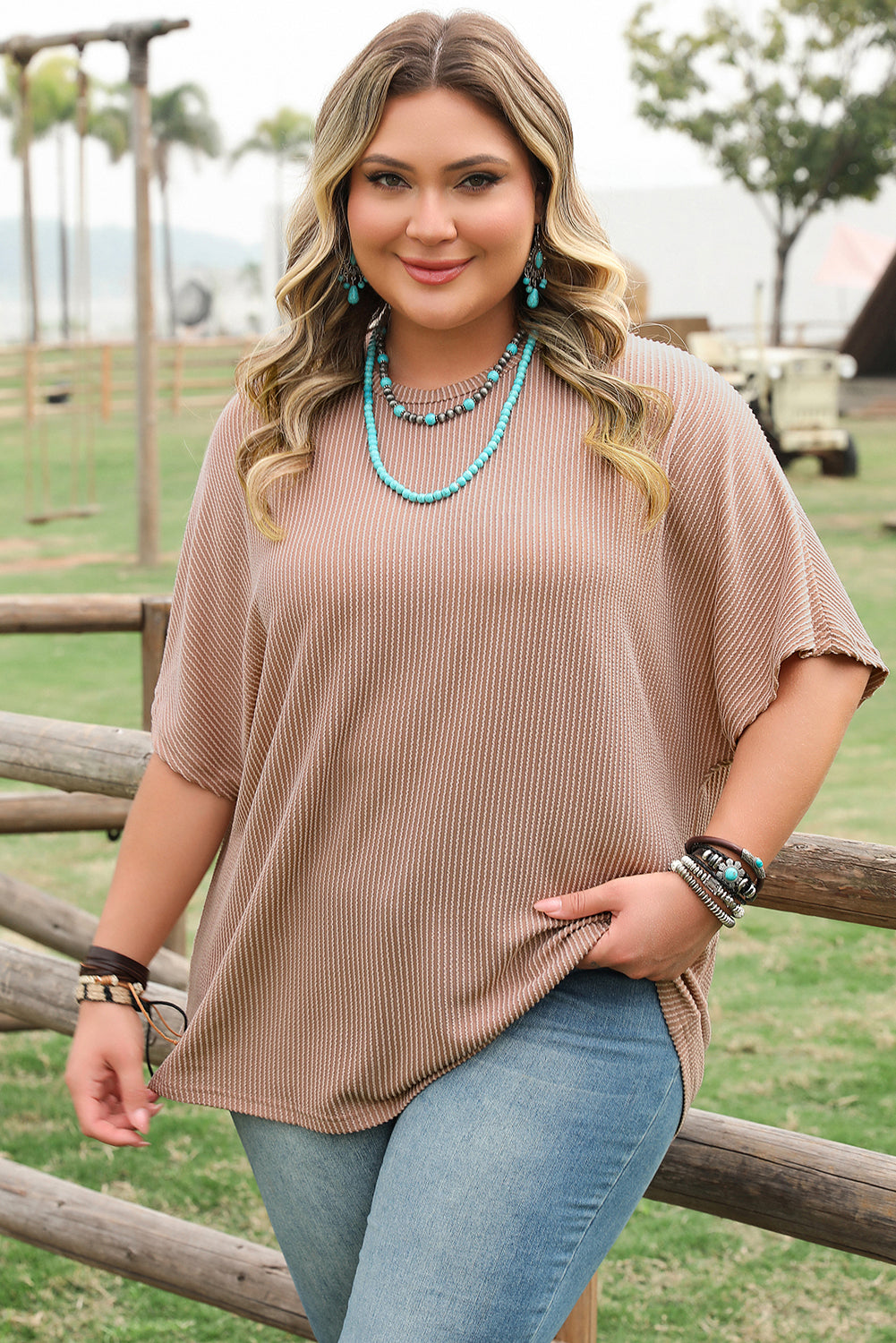 Smoke Gray Ribbed Striped Crew Neck Plus Size Knit T Shirt-Plus Size/Plus Size Tops/Plus Size Tops & Tees-[Adult]-[Female]-2022 Online Blue Zone Planet