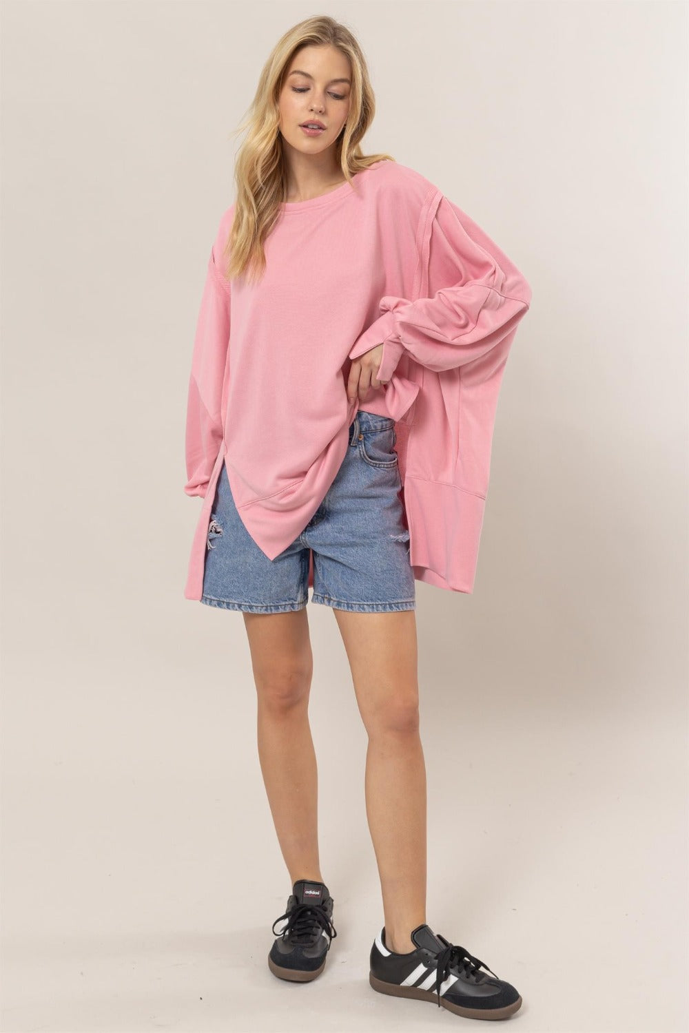 Blue Zone Planet | HYFVE French Terry Long Sleeve High-Low Slit Sweatshirt-TOPS / DRESSES-[Adult]-[Female]-Pink-S-2022 Online Blue Zone Planet