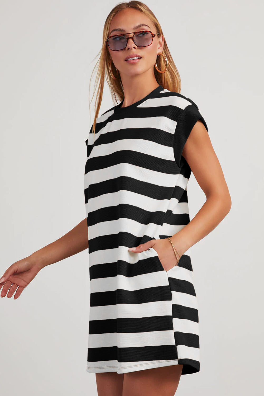 Black Stripe Cap Sleeve Shift T Shirt Dress-TOPS / DRESSES-[Adult]-[Female]-2022 Online Blue Zone Planet
