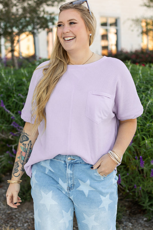 Orchid Petal Waffle Knit Short Sleeve Patched Pocket Plus Size Top-Plus Size/Plus Size Tops/Plus Size Tops & Tees-[Adult]-[Female]-Orchid Petal-1X-2022 Online Blue Zone Planet