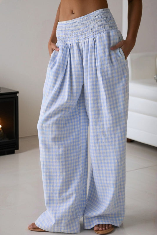 Myosotis Plaid Print Smocked High Waist Womens Loose Pants-Bottoms/Pants & Culotte-[Adult]-[Female]-Myosotis-S-2022 Online Blue Zone Planet