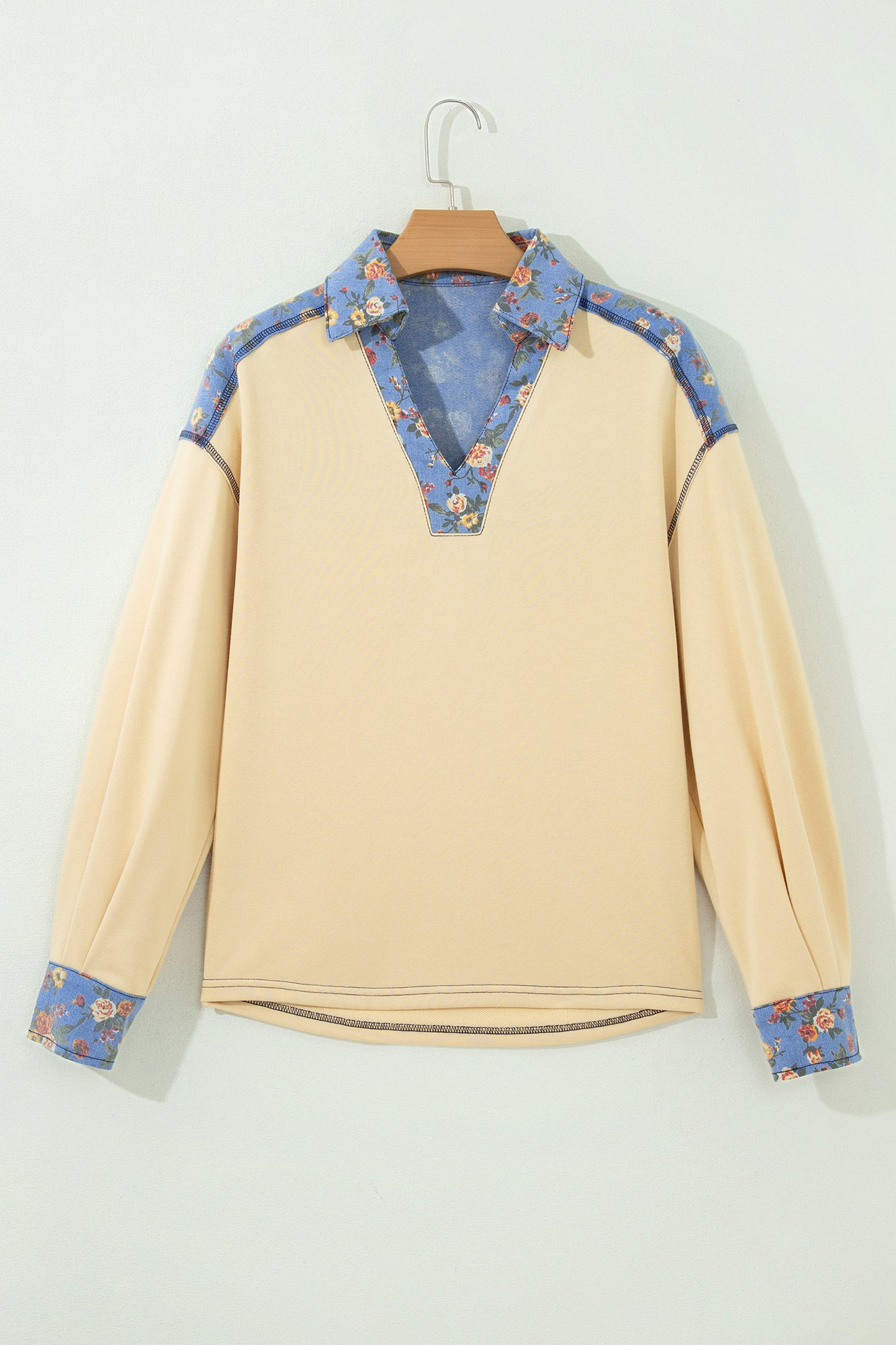 Apricot Floral Denim Patchwork Collar V Neck Long Sleeve Pullover Top-Tops/Long Sleeve Tops-[Adult]-[Female]-2022 Online Blue Zone Planet