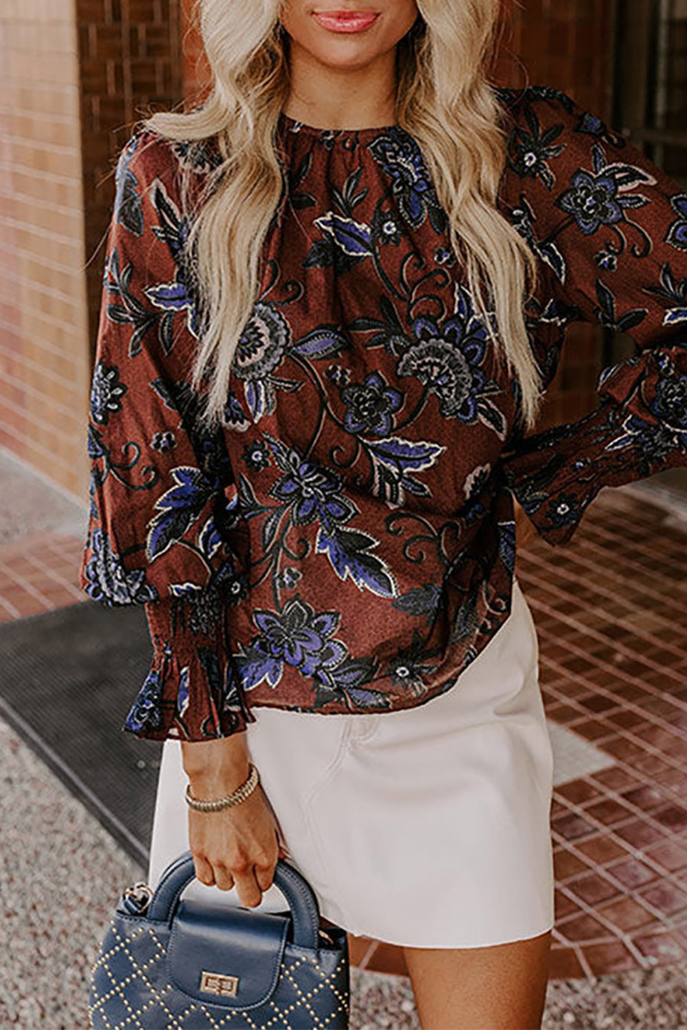 Brown Autumn Floral Print Smocked Cuffs Shift Blouse-Tops/Blouses & Shirts-[Adult]-[Female]-Brown-S-2022 Online Blue Zone Planet