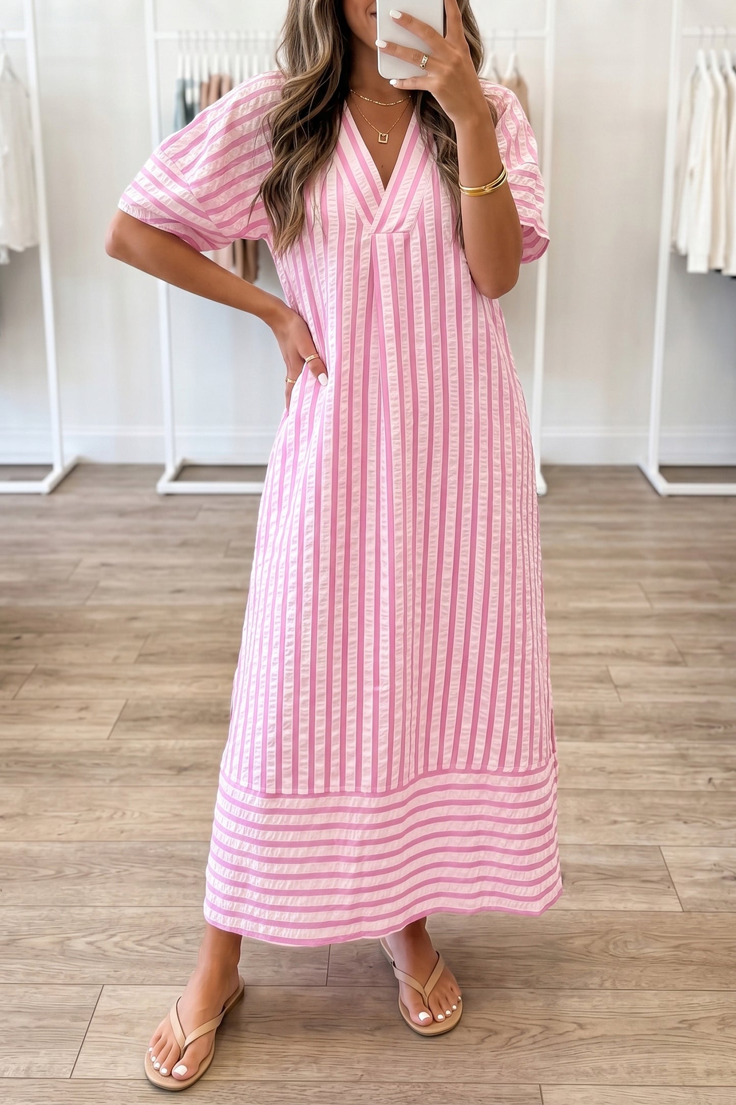 Pink Stripe V Neck Short Sleeve Shift Long Dress-TOPS / DRESSES-[Adult]-[Female]-2022 Online Blue Zone Planet