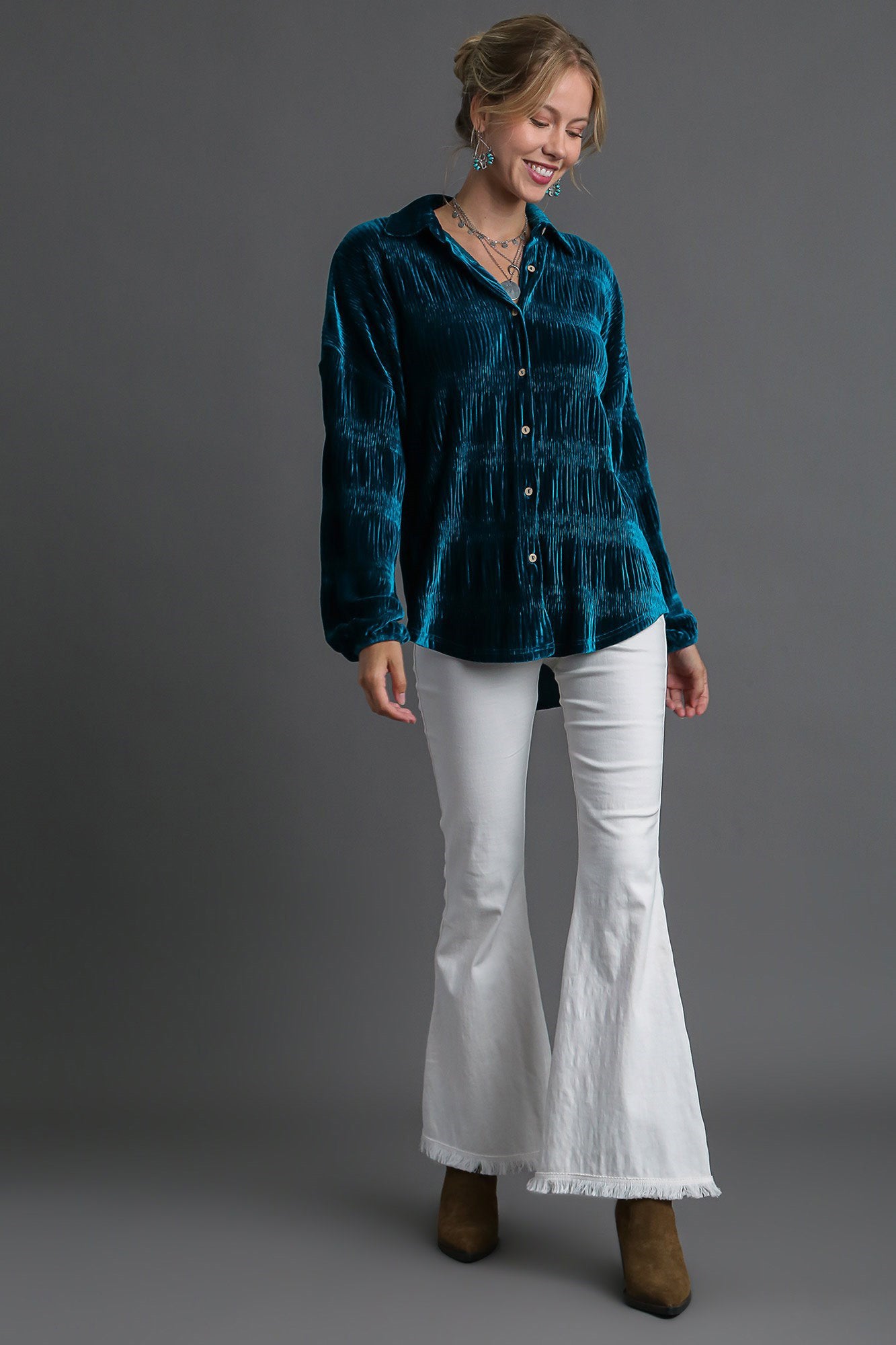 Umgee Ruched Tiered Button Up Shirt-TOPS / DRESSES-[Adult]-[Female]-2022 Online Blue Zone Planet