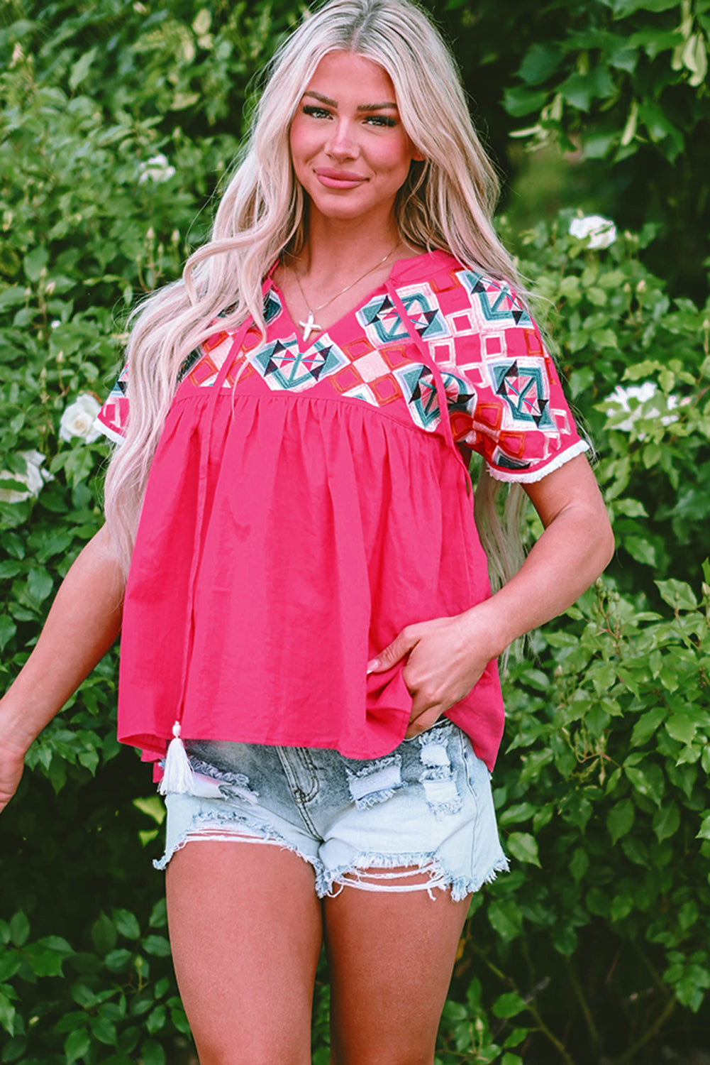 Strawberry Pink Geometric Embroidered Tassel Tie V Neck Blouse-Tops/Blouses & Shirts-[Adult]-[Female]-2022 Online Blue Zone Planet