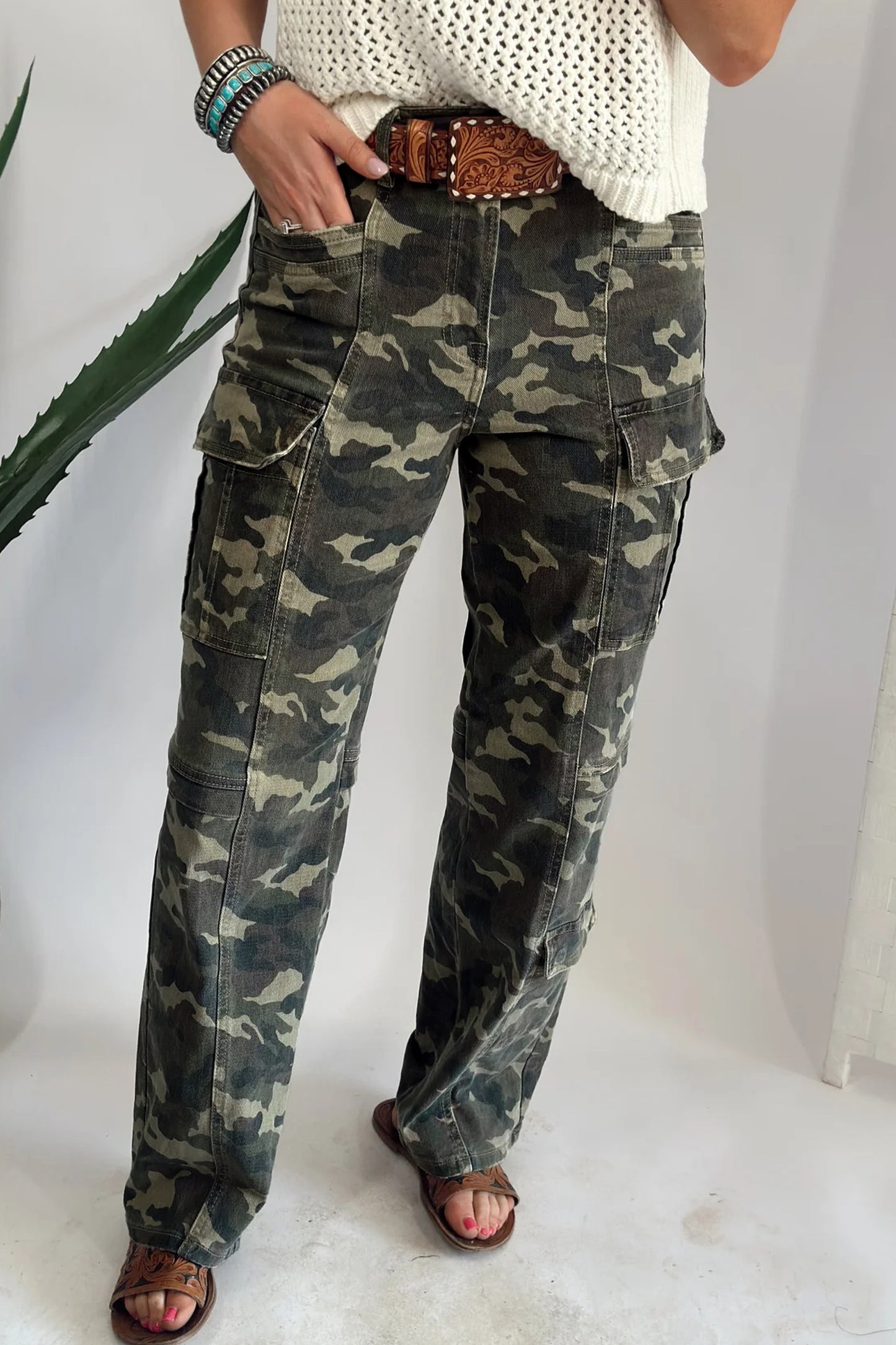 Green Camouflage Print Multi Pocketed Womens Denim Pants-Bottoms/Pants & Culotte-[Adult]-[Female]-Green-4-2022 Online Blue Zone Planet