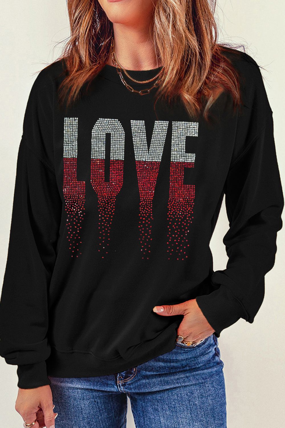 Rhinestone LOVE Round Neck Long Sleeve Sweatshirt-TOPS / DRESSES-[Adult]-[Female]-2022 Online Blue Zone Planet