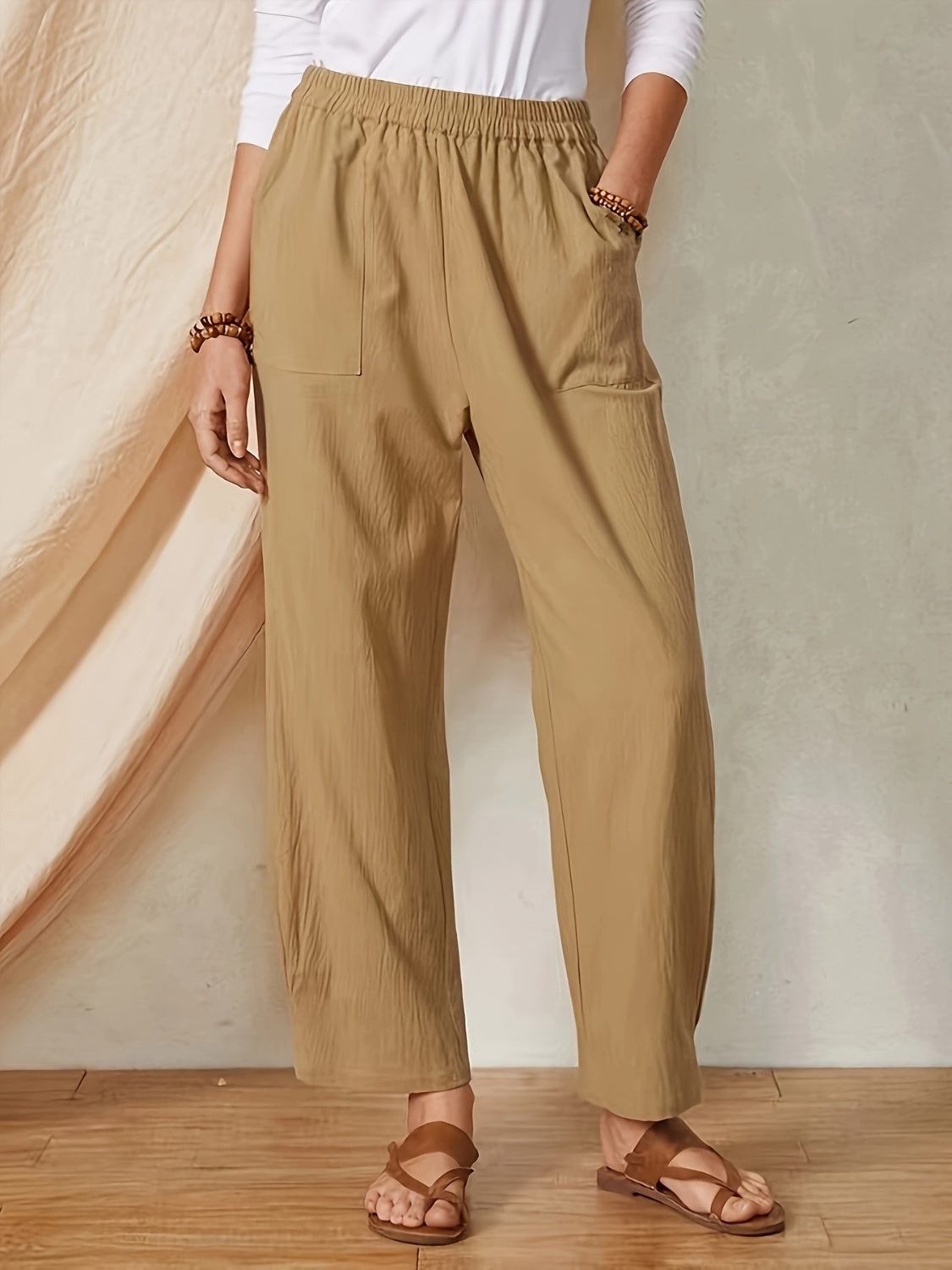 Full Size Elastic Waist Pants with Pockets-BOTTOMS SIZES SMALL MEDIUM LARGE-[Adult]-[Female]-Camel-S-2022 Online Blue Zone Planet