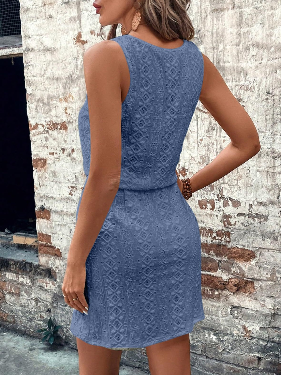 Eyelet Drawstring Round Neck Sleeveless Dress-TOPS / DRESSES-[Adult]-[Female]-2022 Online Blue Zone Planet