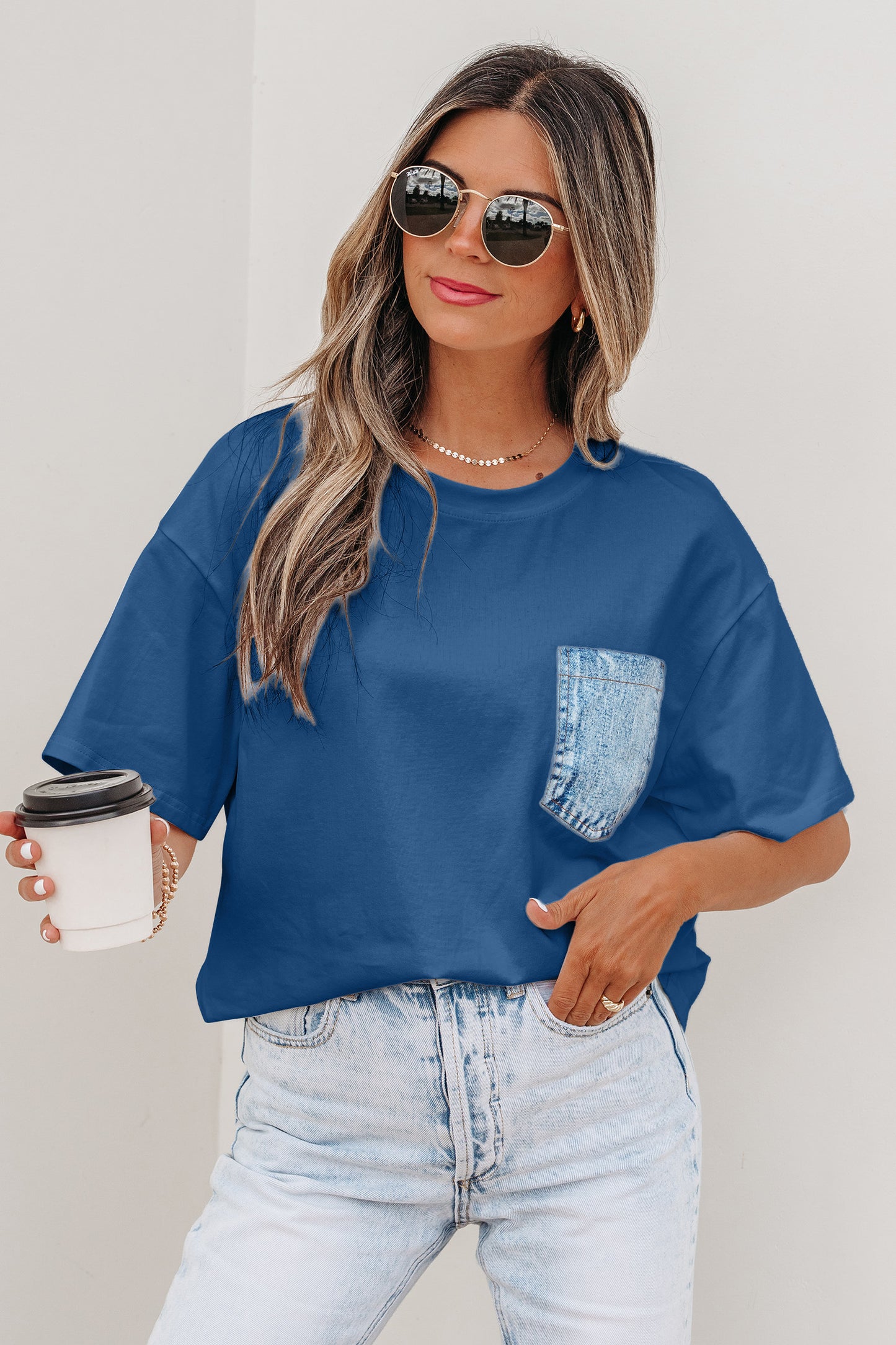 Sail Blue Color Block Chest Pocket Patched Casual Short Sleeve Top-Tops/Tops & Tees-[Adult]-[Female]-2022 Online Blue Zone Planet