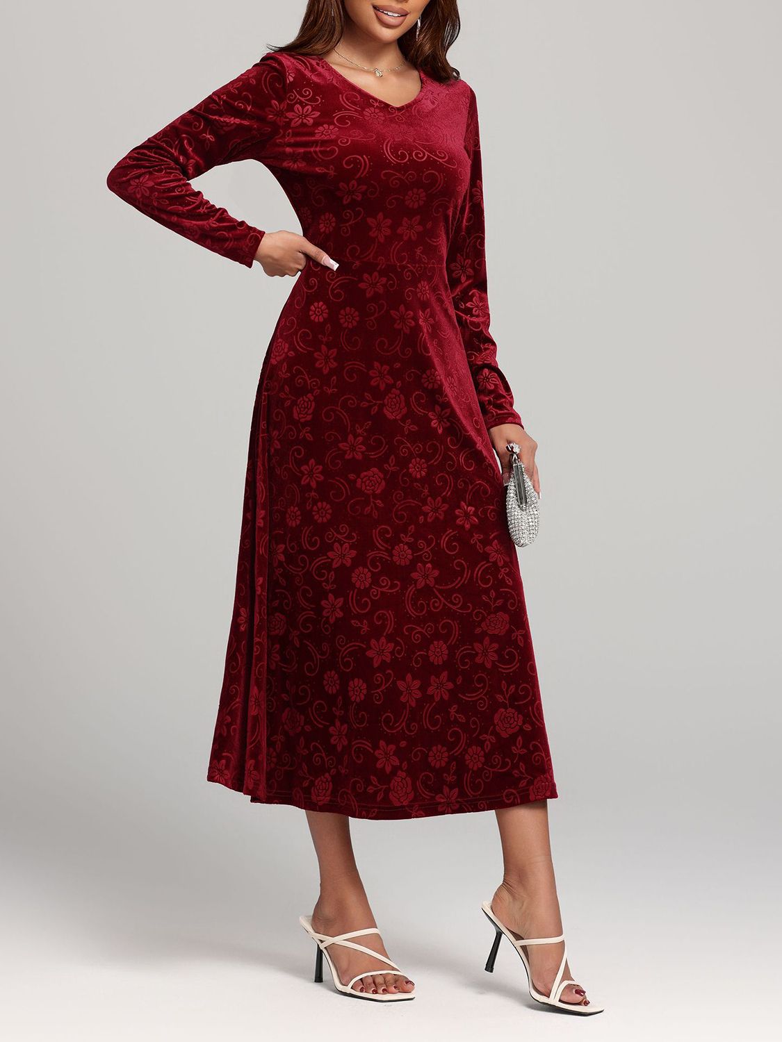 Blue Zone Planet | Flower Print V-Neck Long Sleeve Midi Dress-TOPS / DRESSES-[Adult]-[Female]-2022 Online Blue Zone Planet