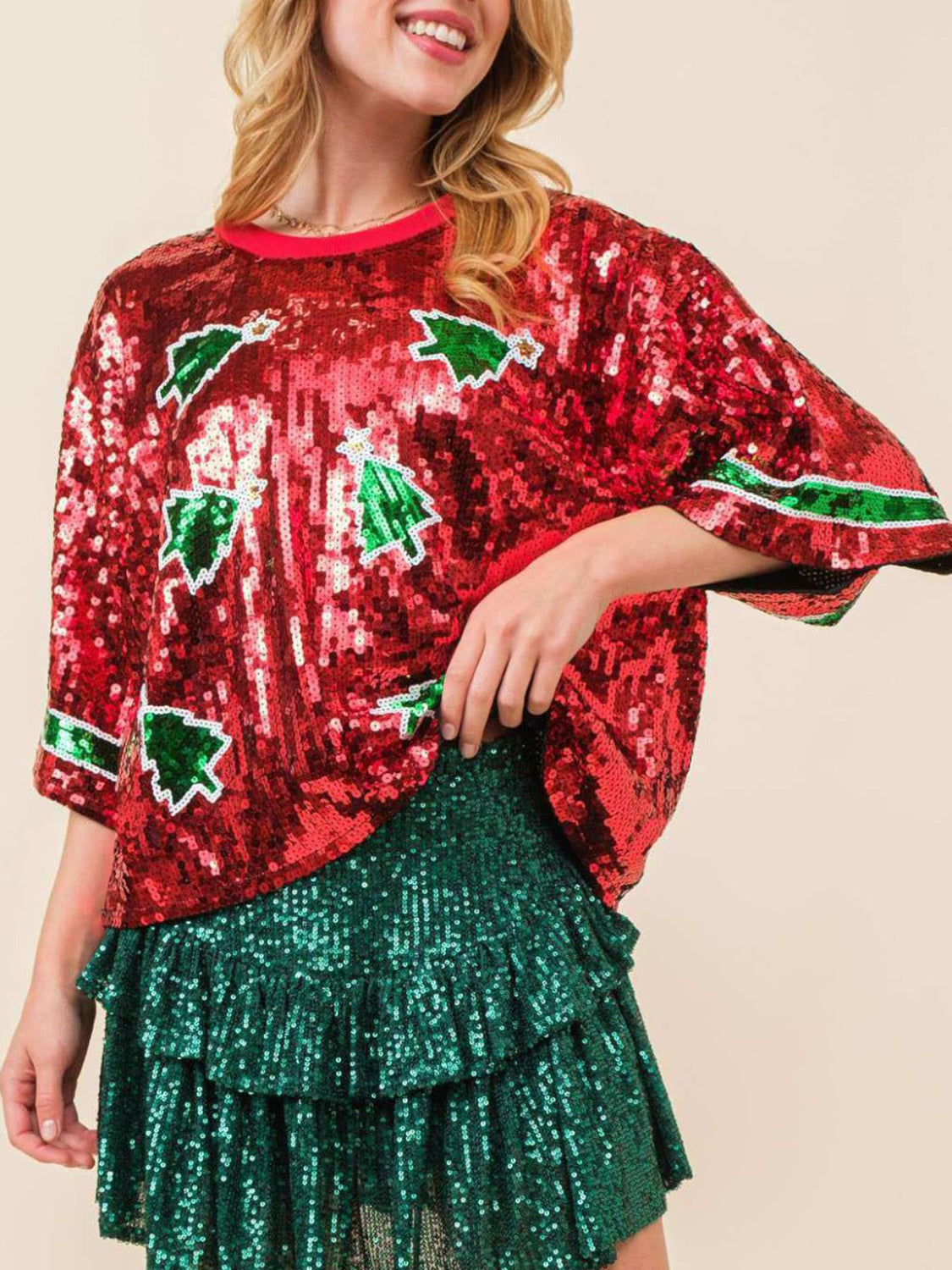 Blue Zone Planet | Sequin Round Neck Half Sleeve Top-TOPS / DRESSES-[Adult]-[Female]-Burgundy-S-2022 Online Blue Zone Planet