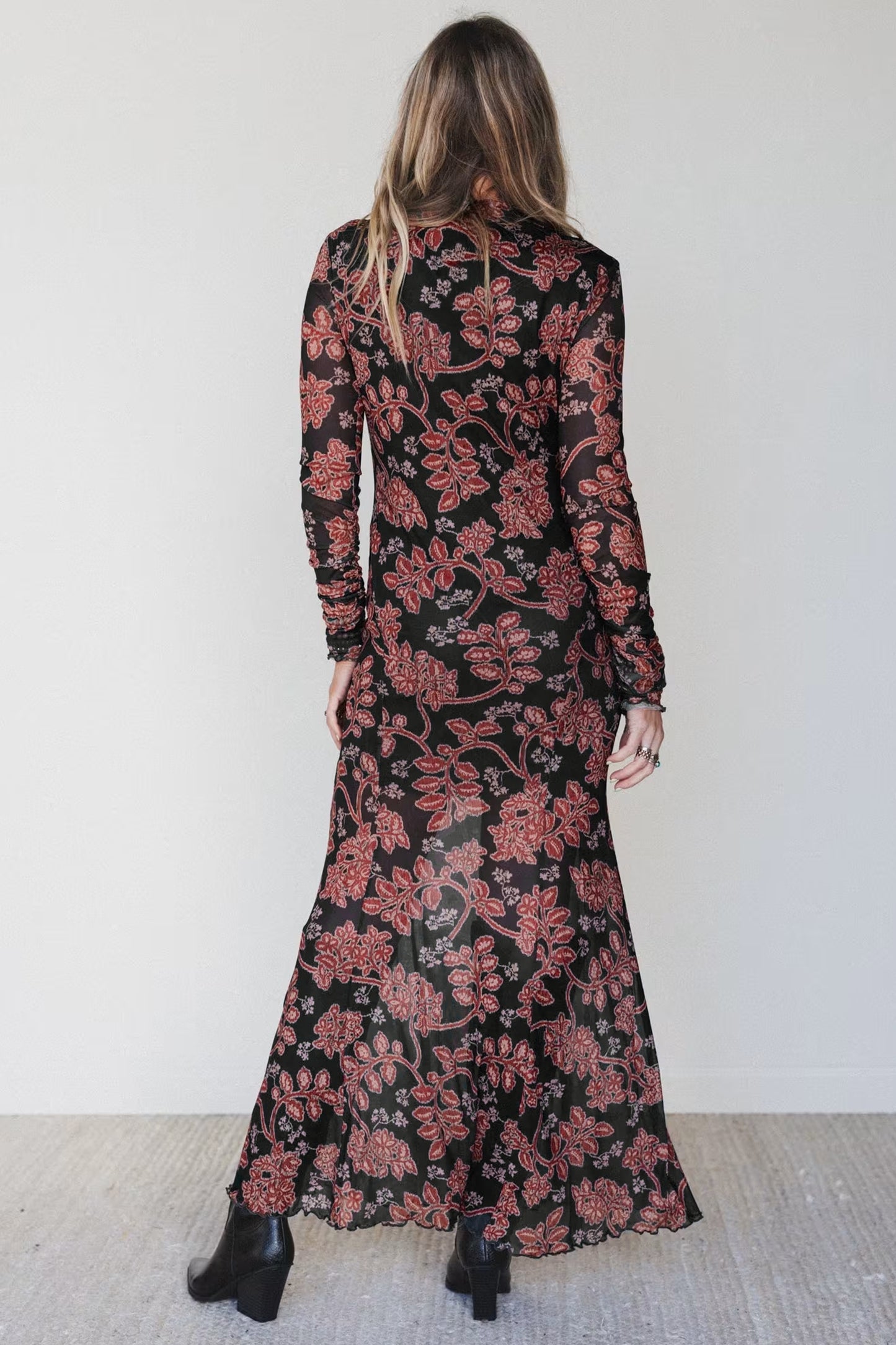 Black Retro Floral Print Long Sleeve Casual Mesh Dress-Dresses/Maxi Dresses-[Adult]-[Female]-2022 Online Blue Zone Planet