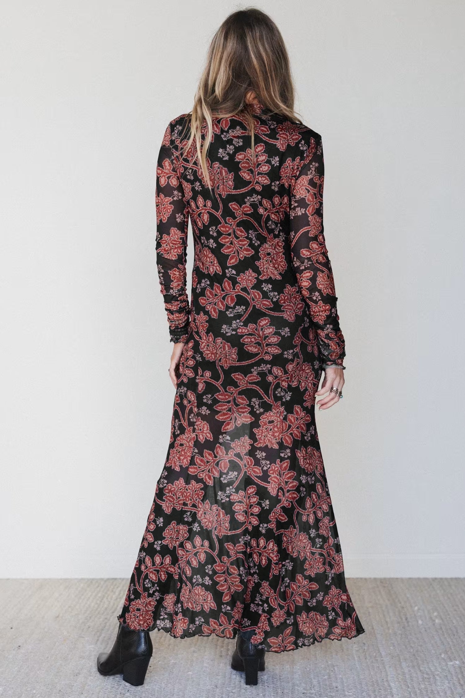 Black Retro Floral Print Long Sleeve Casual Mesh Dress-Dresses/Maxi Dresses-[Adult]-[Female]-2022 Online Blue Zone Planet