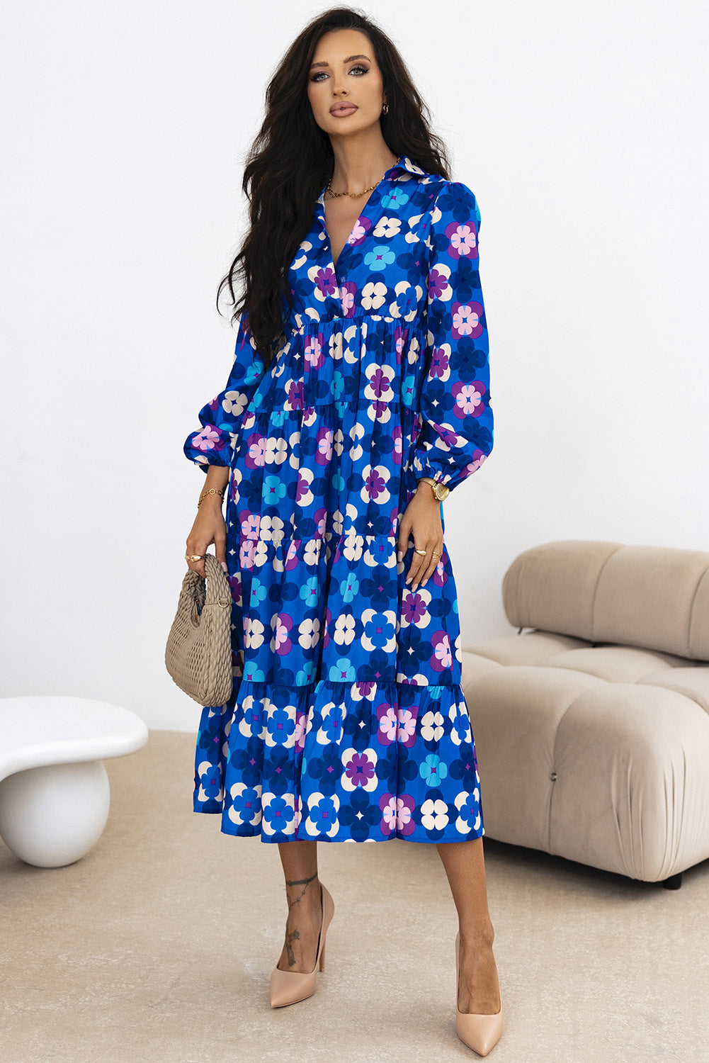 Blue Zone Planet | Blue Floral Peasant Sleeve Tiered Ruffle Midi Dress-TOPS / DRESSES-[Adult]-[Female]-2022 Online Blue Zone Planet