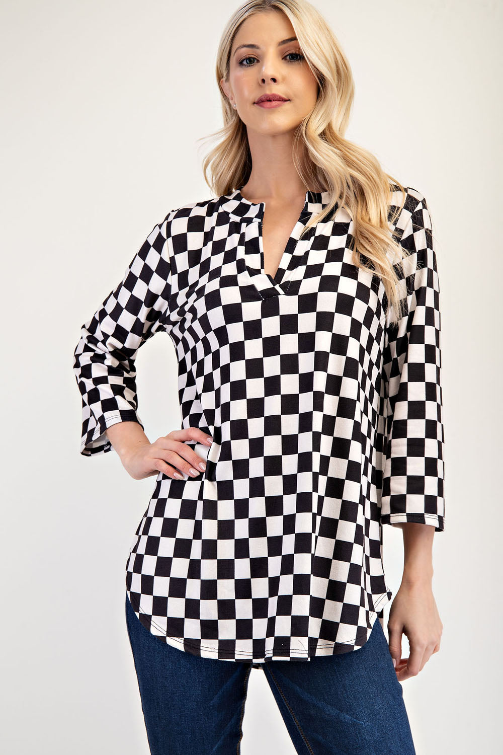 Celeste Full Size Curved Hem Checkered Notched Blouse-TOPS / DRESSES-[Adult]-[Female]-Black-S-2022 Online Blue Zone Planet