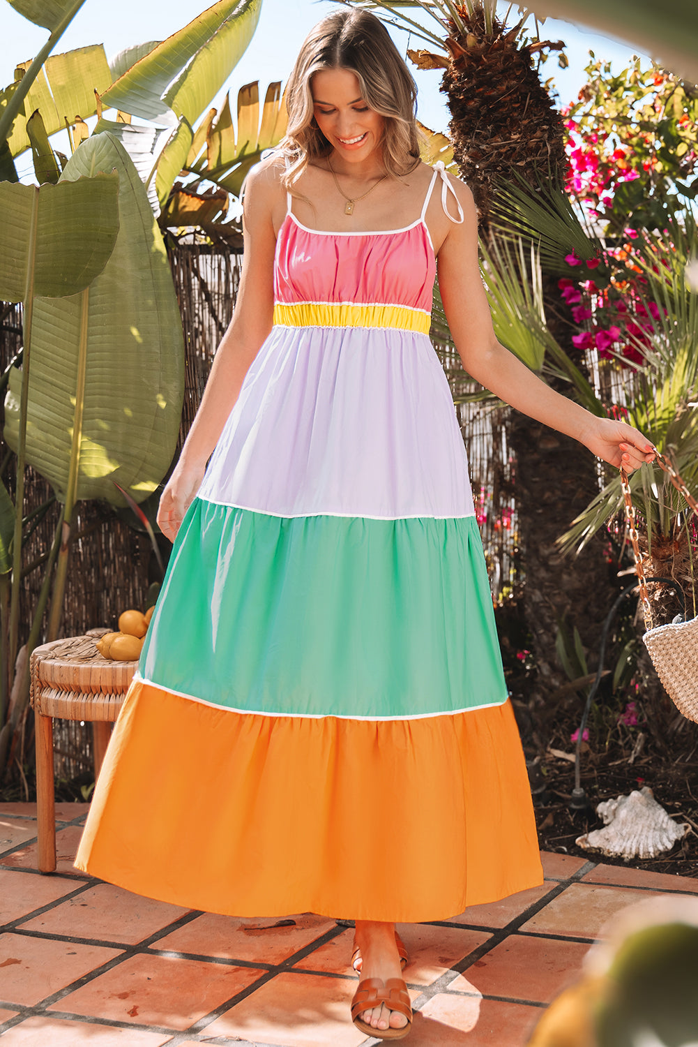 Multicolour Colorblock Self-tie Straps High Waist Flowy Maxi Dress with Pockets-Dresses/Maxi Dresses-[Adult]-[Female]-2022 Online Blue Zone Planet