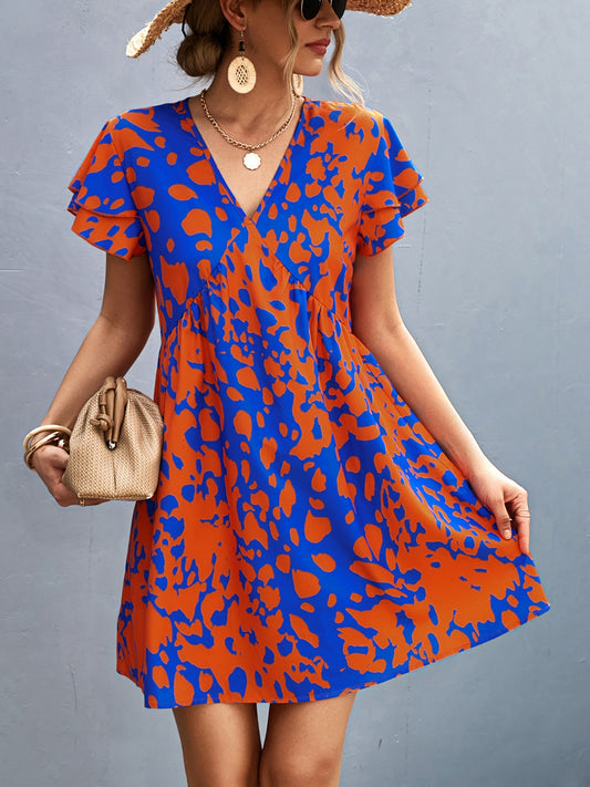 Ruffled Printed V-Neck Short Sleeve Mini Dress-TOPS / DRESSES-[Adult]-[Female]-Orange-Red-S-2022 Online Blue Zone Planet