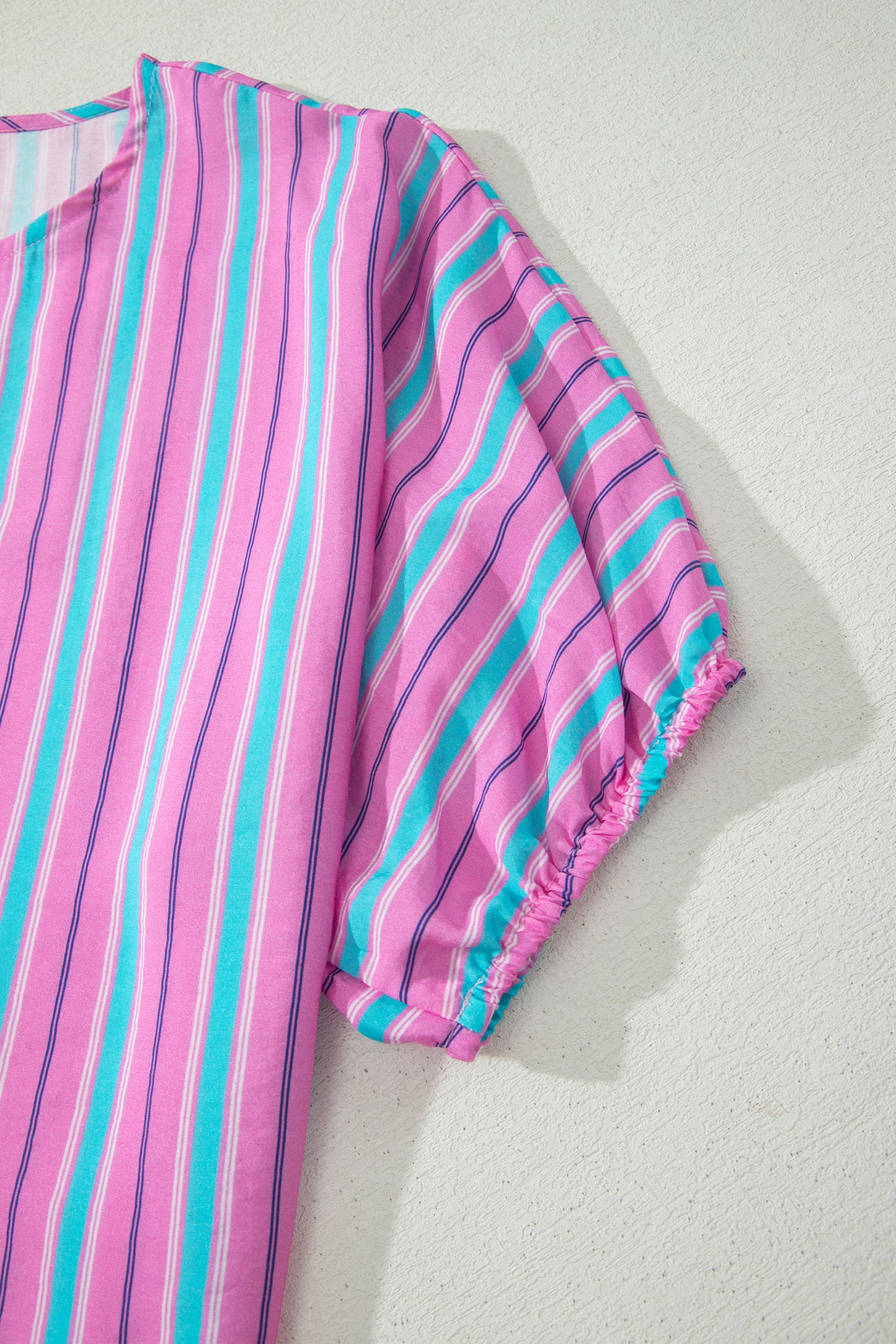 Pink Stripe Dolman Short Sleeve Blouse Drawstring Elastic Waist Loose Short Set-Two Piece Sets/Short Sets-[Adult]-[Female]-2022 Online Blue Zone Planet