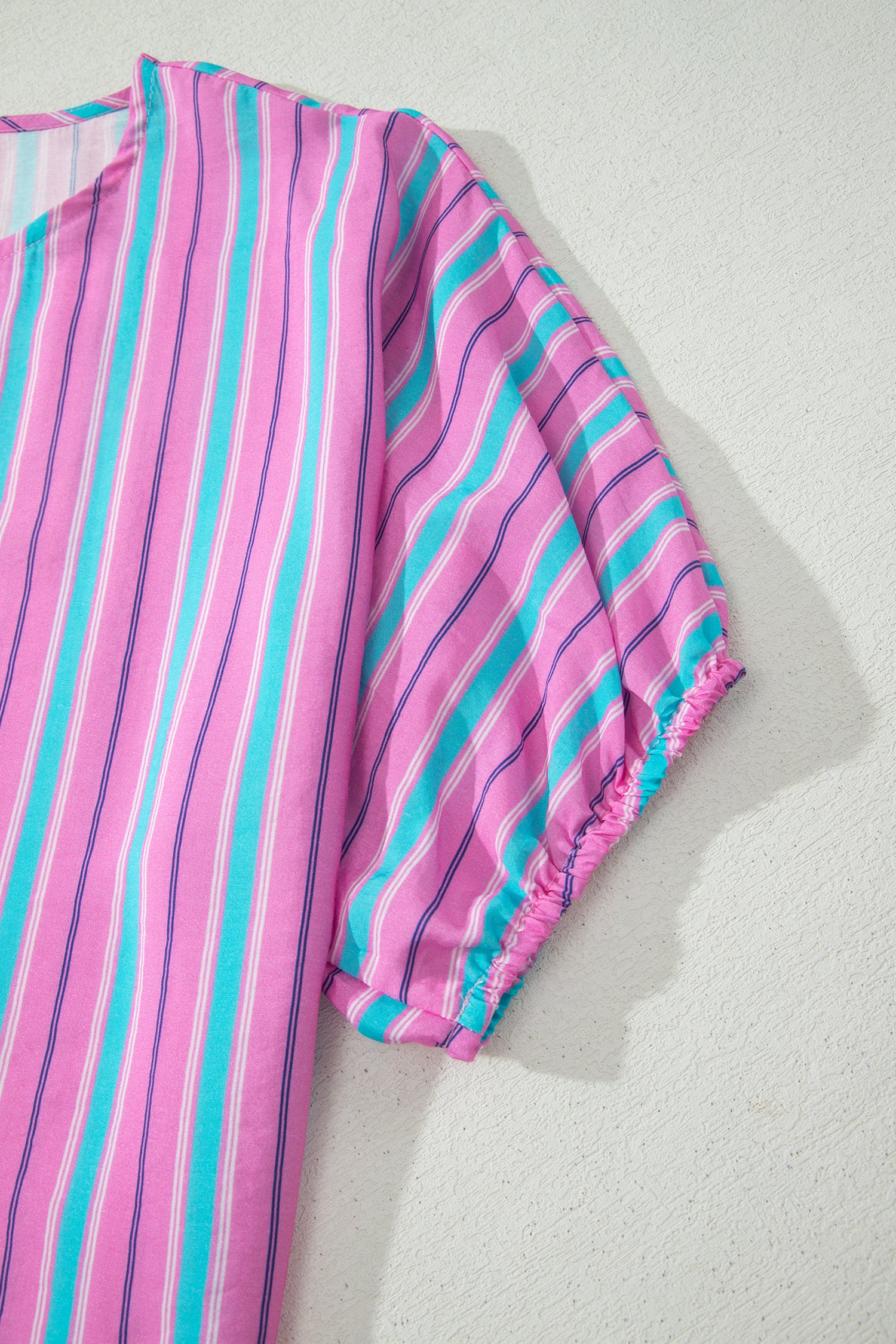Pink Stripe Dolman Short Sleeve Blouse Drawstring Elastic Waist Loose Short Set-Two Piece Sets/Short Sets-[Adult]-[Female]-2022 Online Blue Zone Planet