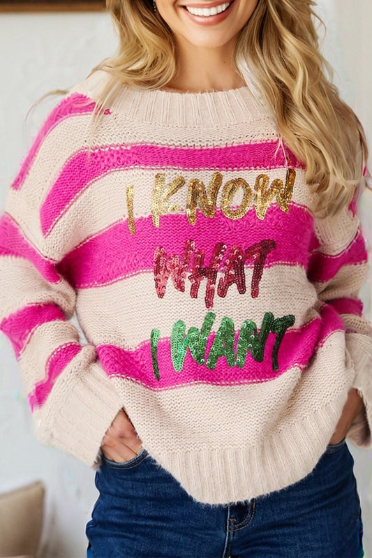 Rose Red I KNOW WAHT I WAT Sequin Letter Graphic Colorblock Loose Sweater-TOPS / DRESSES-[Adult]-[Female]-Rose Red-S-2022 Online Blue Zone Planet