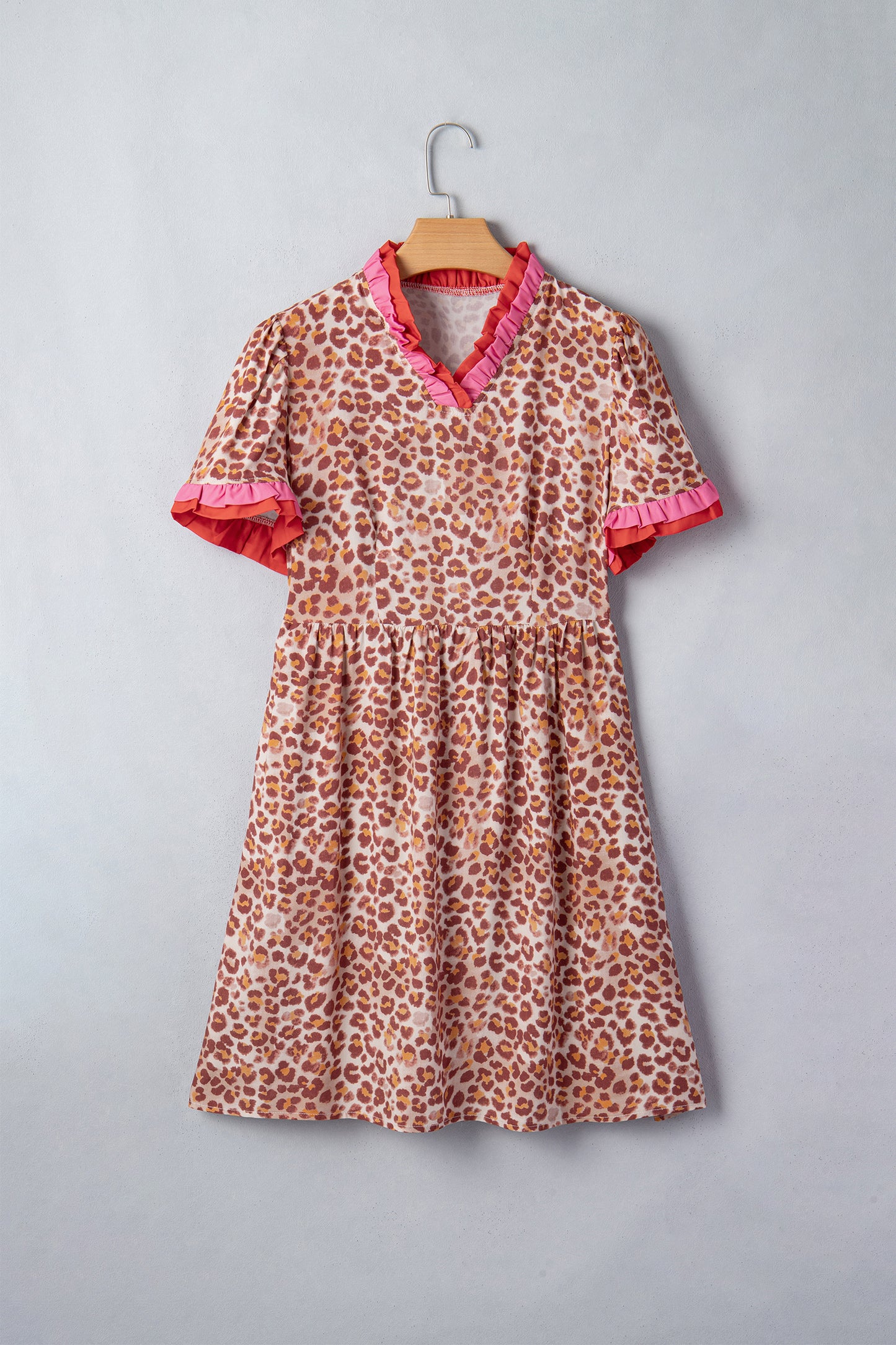 Khaki Leopard High Waist Ruffled Colorblock Trim Short Dress-TOPS / DRESSES-[Adult]-[Female]-2022 Online Blue Zone Planet