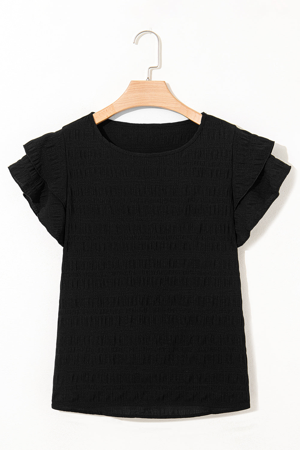 Black Textured Ruffled Sleeve Round Neck Top-Tops/Blouses & Shirts-[Adult]-[Female]-2022 Online Blue Zone Planet