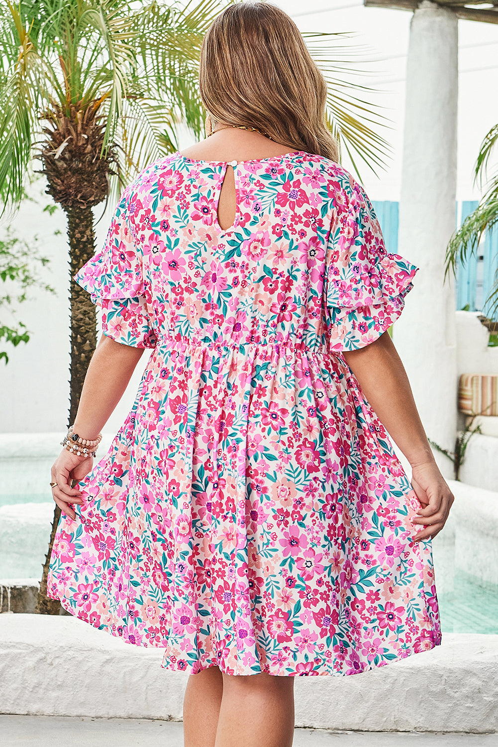 White Plus Size Floral Print Frilled Short Sleeve Flare Dress-TOPS / DRESSES-[Adult]-[Female]-2022 Online Blue Zone Planet
