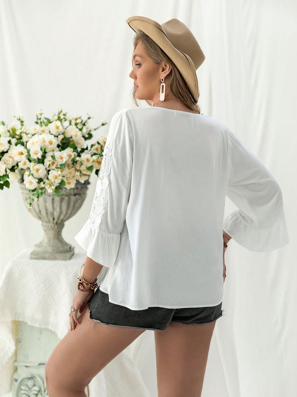 Plus Size Lace Detail V-Neck Three-Quarter Sleeve Blouse-TOPS / DRESSES-[Adult]-[Female]-2022 Online Blue Zone Planet