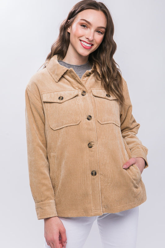 Love Tree Corduroy Button Up Jacket with Sherpa Inside-TOPS / DRESSES-[Adult]-[Female]-Beige-S-2022 Online Blue Zone Planet